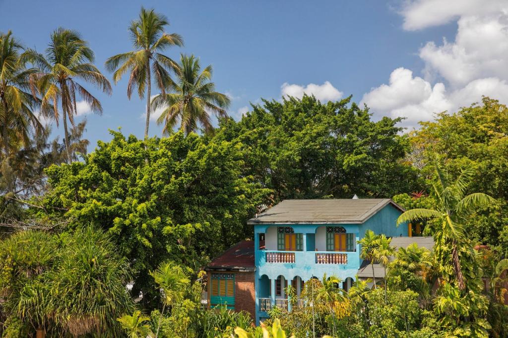 a blue house in the middle of trees at Hotel whala!boca chica - All Inclusive in Boca Chica