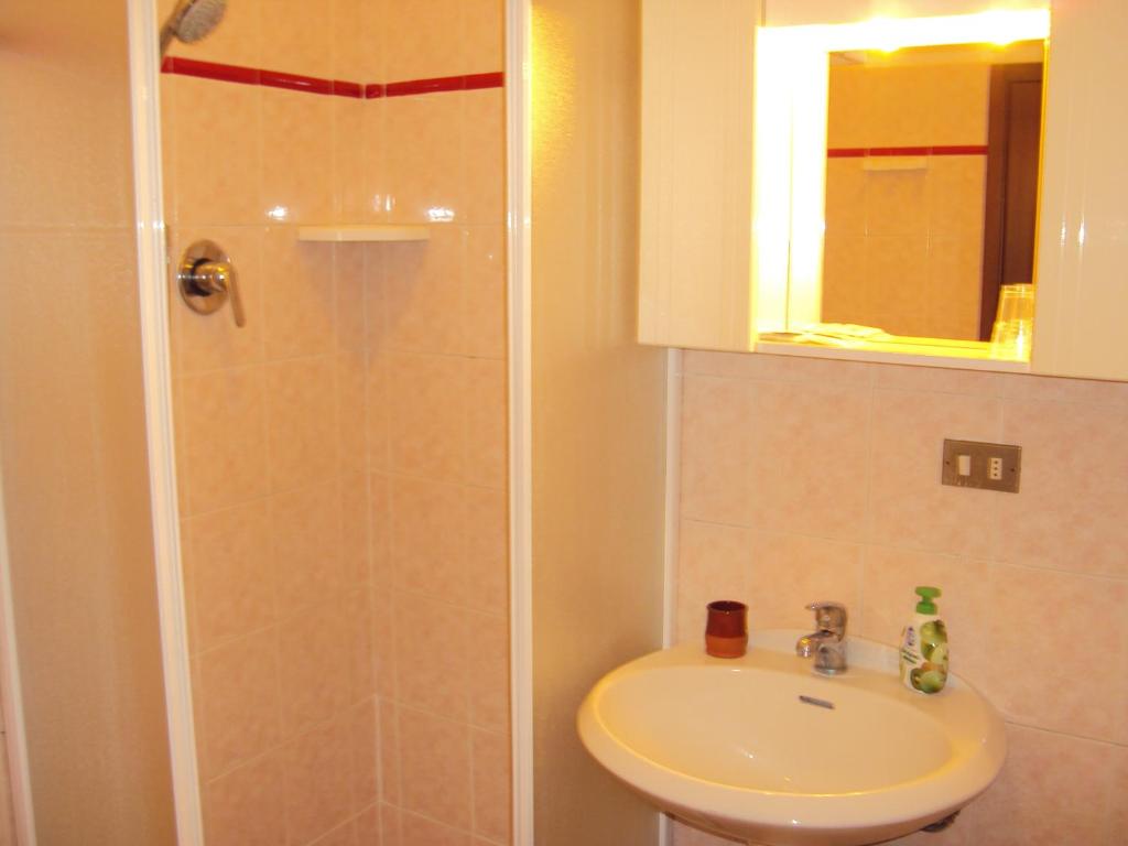 サルソマッジョーレ・テルメにあるHotel La Salsesinaのバスルーム(シンク、鏡付きシャワー付)