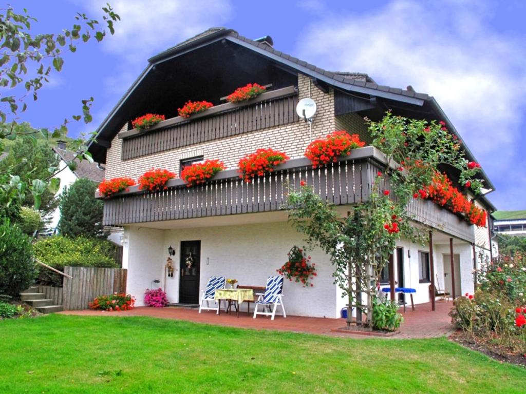 een wit huis met rode bloemen op het balkon bij Apartment in Deifeld with garden in Medebach