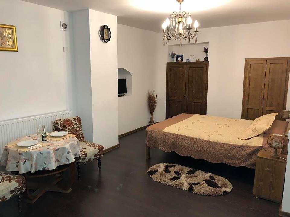 Un dormitorio con una cama y una mesa y sillas. en Homestay Marius, en Sibiu