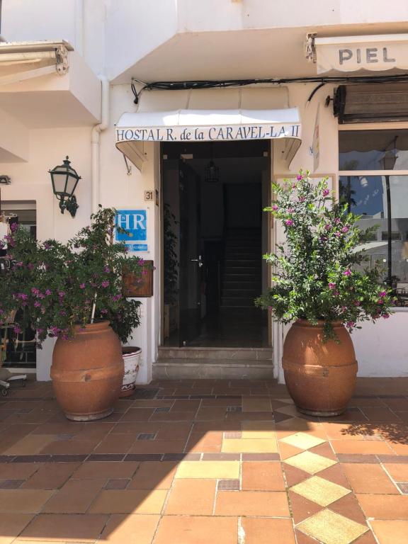 two large pots of flowers in front of a building at Hostal de la Caravel-la in Cala d´Or
