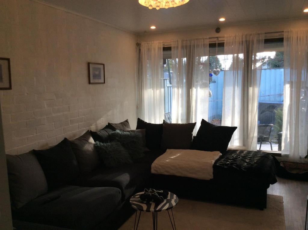ein Wohnzimmer mit einem Sofa und einem Bett in der Unterkunft Heleenkatu 3 a 1 oma sauna autokatos omassa pihassa in Seinäjoki