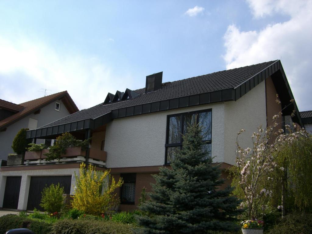 a house with a black roof and a tree at Fewo-Sendelbach in Greußenheim