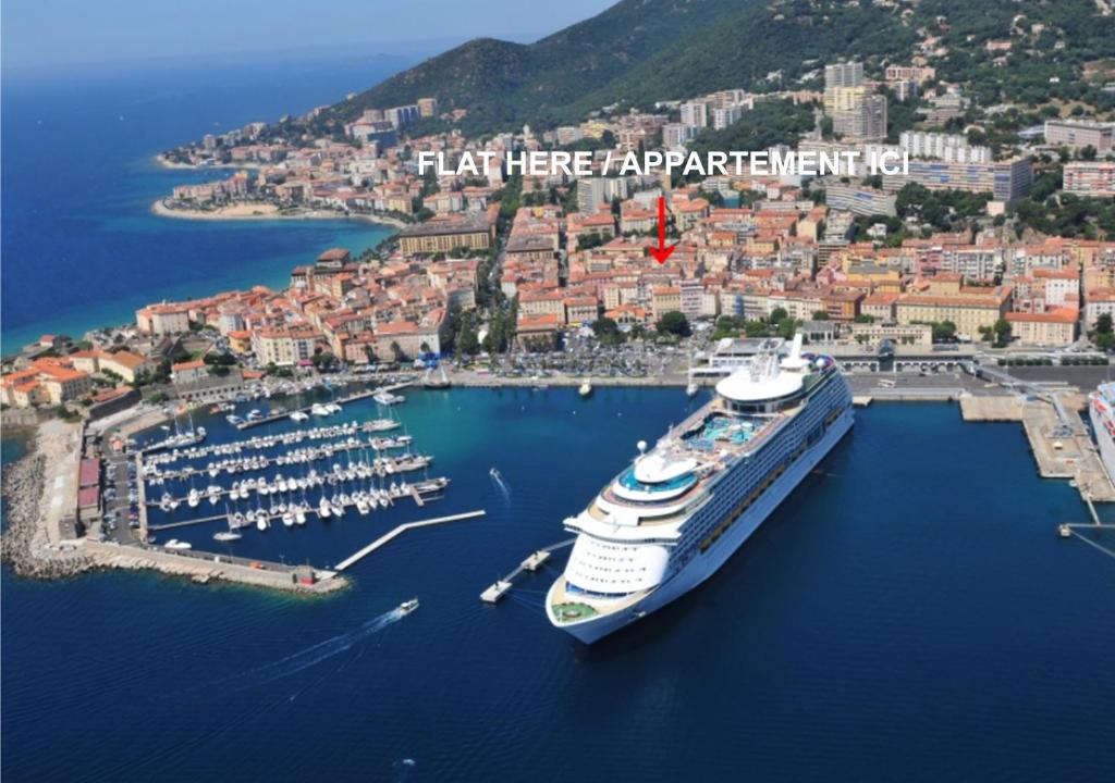 a cruise ship is docked in a harbor at **** VERY CENTRAL Ajaccio 36 rue Fesch, cosy flat in city center pedestrian street, up to 4 people **** in Ajaccio