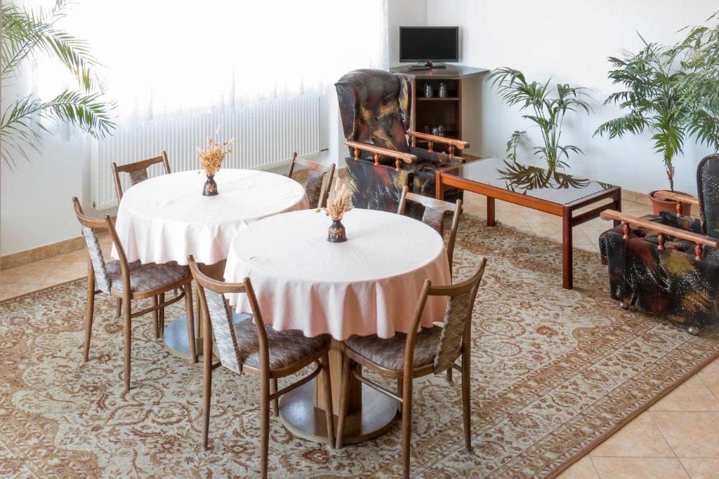 two tables and chairs in a room at Alton garni hotel in České Budějovice