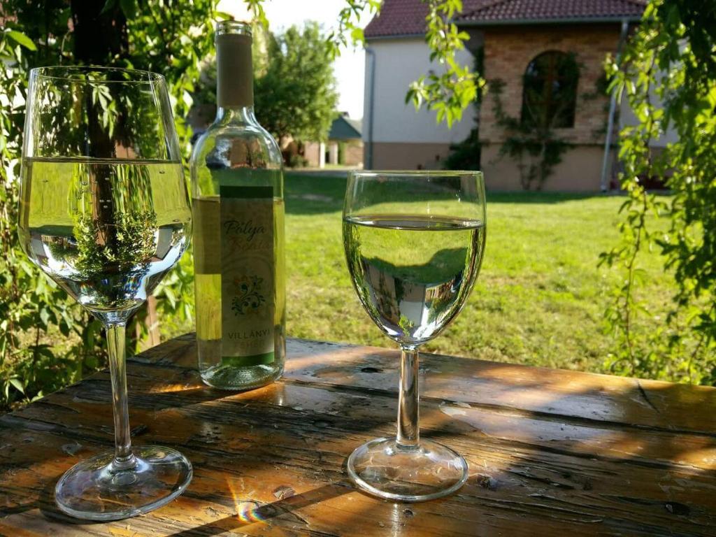 dos copas de vino blanco sentadas en una mesa de madera en Borbarátok vendègház, en Villány