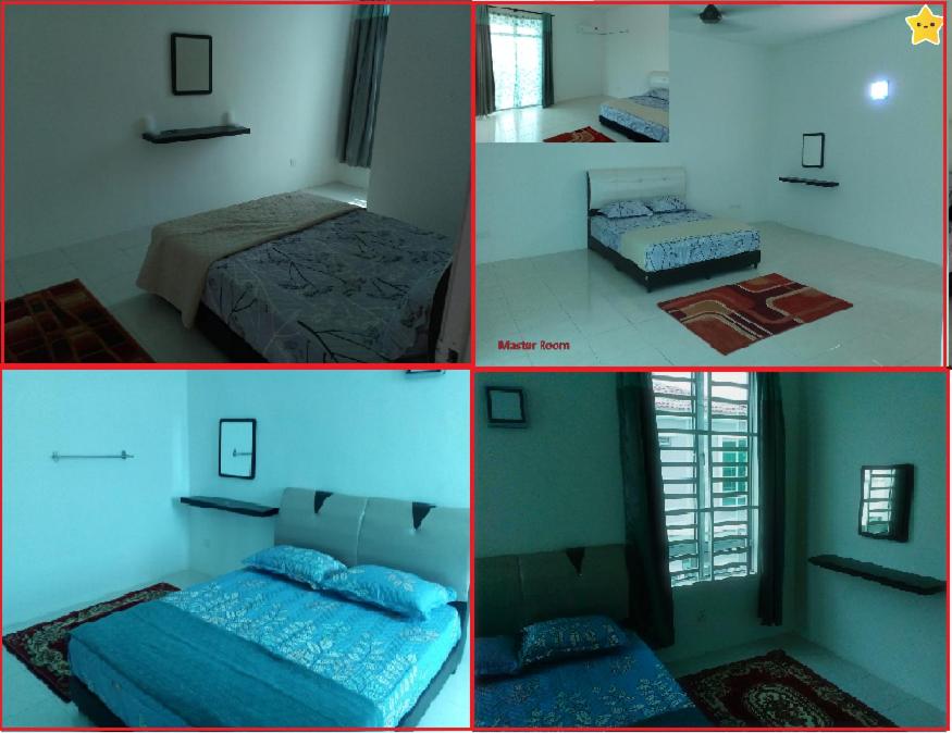 four pictures of a bedroom with two beds and a window at Fathullah's Homestay in Alor Setar