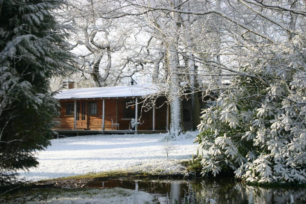 a cabin in the snow next to a river at Parc-Le-Breos House in Penclawdd