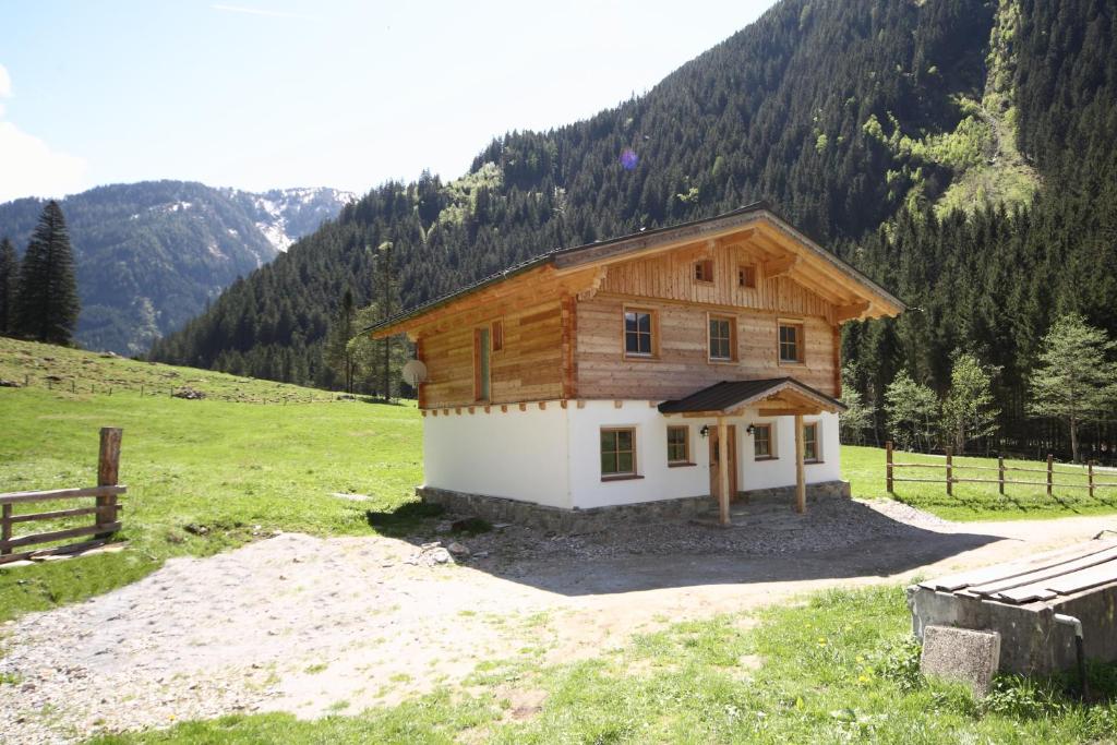 a small house in a field with a mountain at Die Postlehen-Alm in Schladming