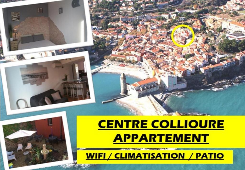 a collage of pictures of a city with a yellow sign at Appartement Centre Collioure Patio Wifi Clim in Collioure