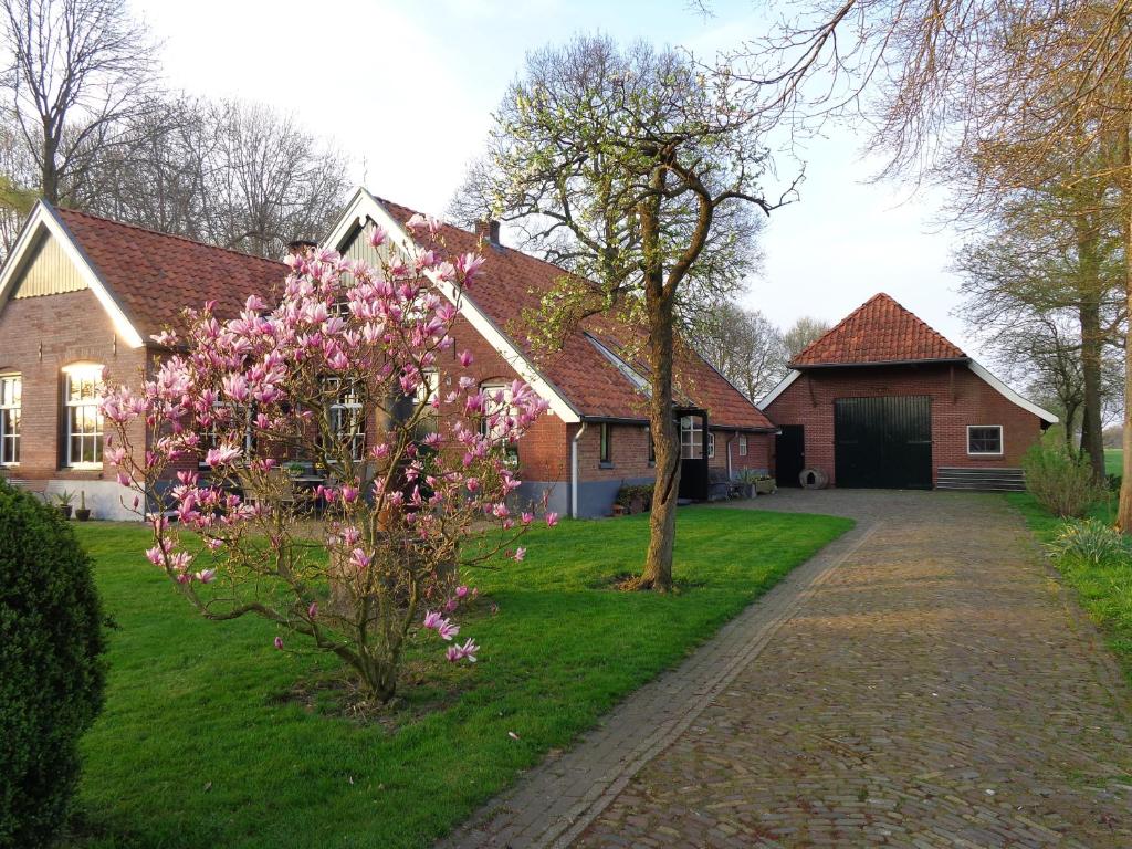 una casa con flores rosas en el patio en Thil's Bed and Breakfast en Ambt Delden