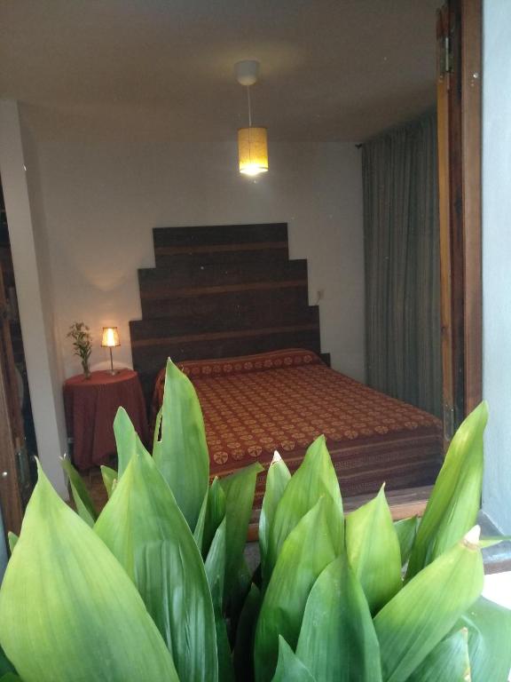 アルダレスにあるEl Patio Andalúのベッドルーム1室(ベッド1台付)、緑豊かな植物