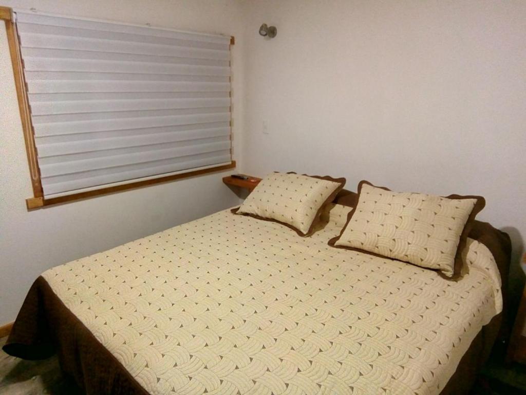 1 dormitorio con 1 cama con 2 almohadas y ventana en El Pionero, en Coyhaique
