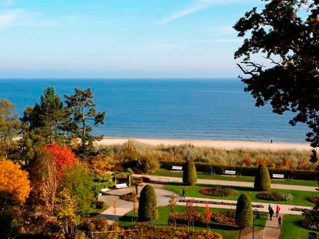 ヘリングスドルフにあるFerienwohnung mit Meerblickの海を背景にした公園の景色