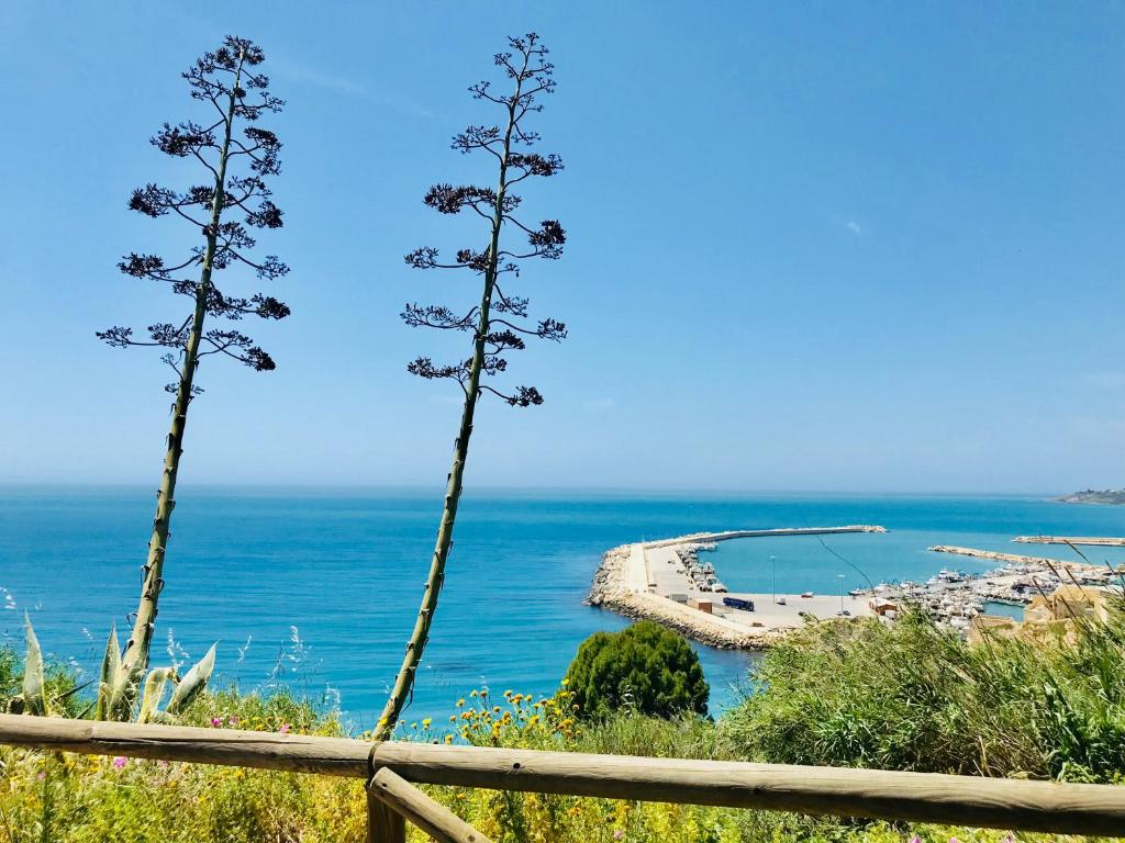 vista sull'oceano da una collina con due alberi di Casa Terme a Sciacca