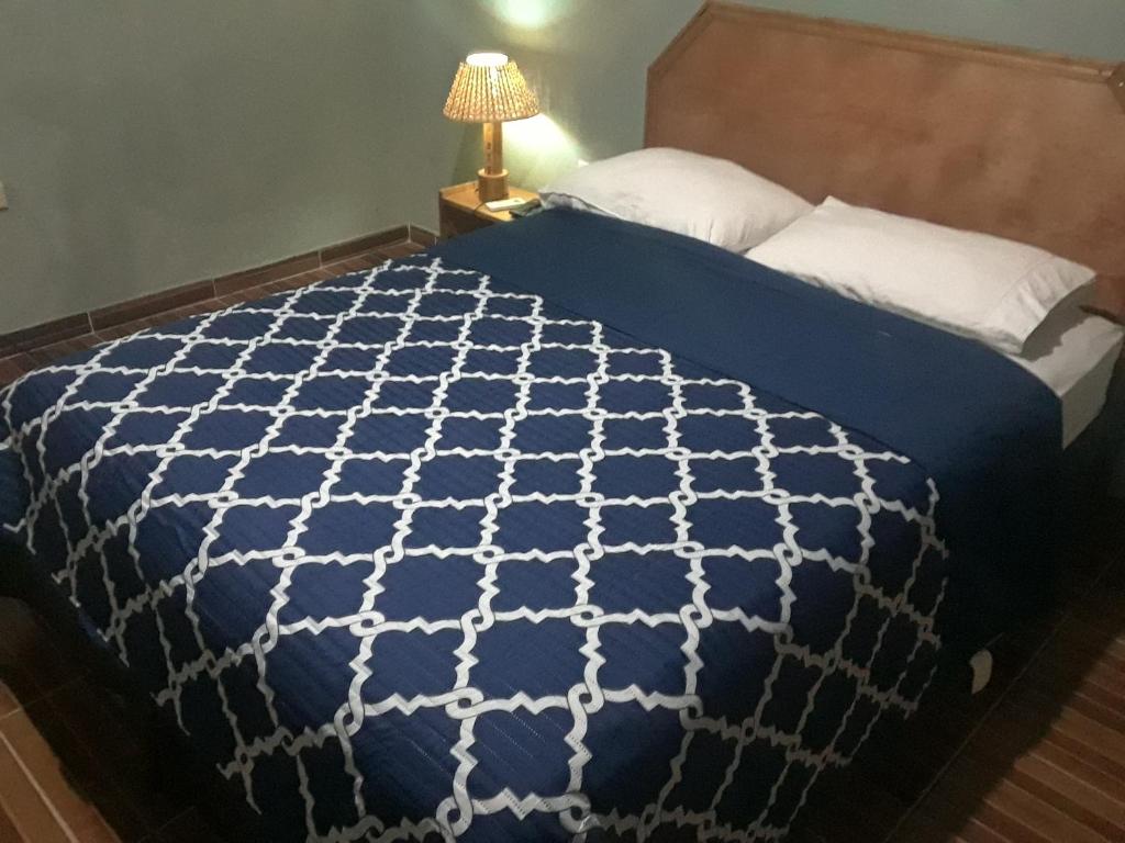 a blue and white bed in a room with a lamp at Pablo Guess House in Cap-Haïtien