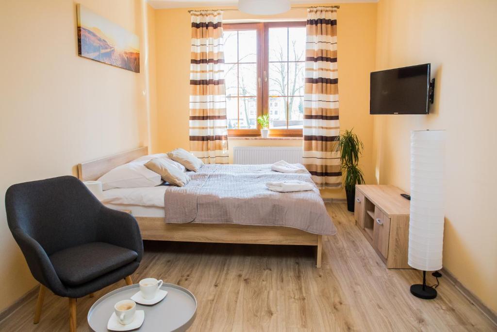 una camera con letto, sedia e televisore di Apartament Żaglowy 2 a Puck