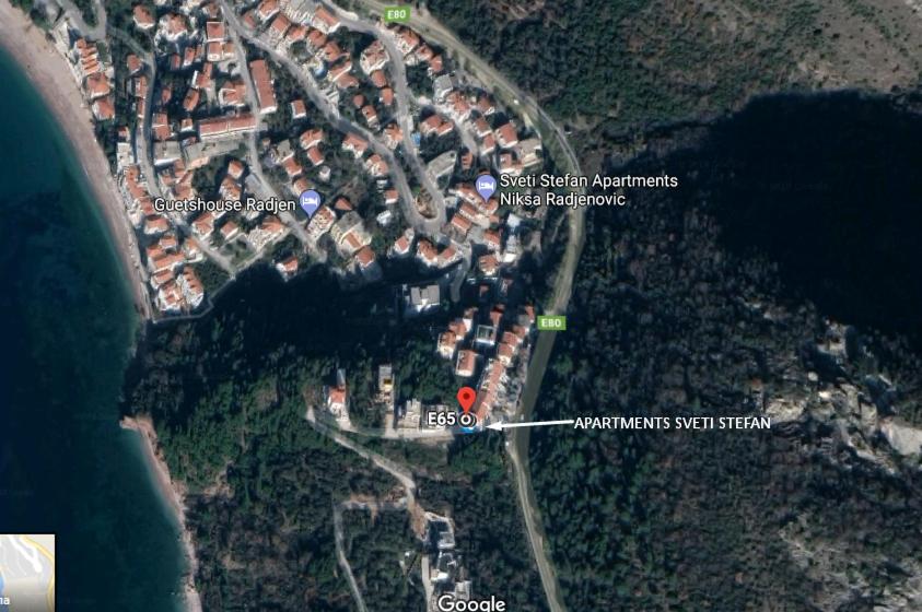 a map of a neighborhood with a red circle at Apartments Sveti Stefan-Marko in Sveti Stefan