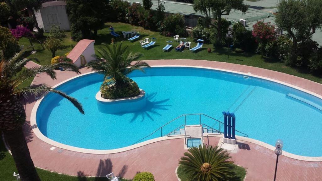uitzicht op een groot zwembad met palmbomen bij Santa Caterina in Ischia