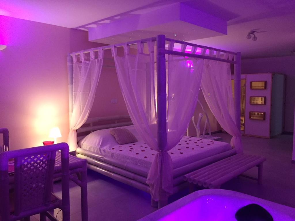 a bedroom with a canopy bed with purple lighting at La Paillote Exotique Spa in Beaucaire