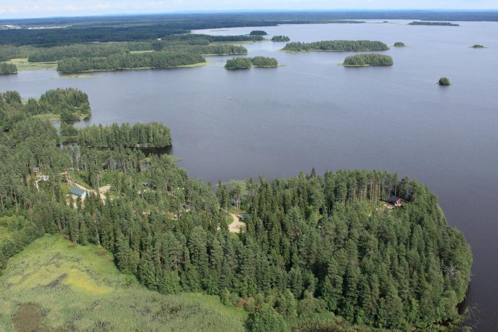 an aerial view of a lake with trees and houses at Tuomarniemi Cottages in Kokonvaara