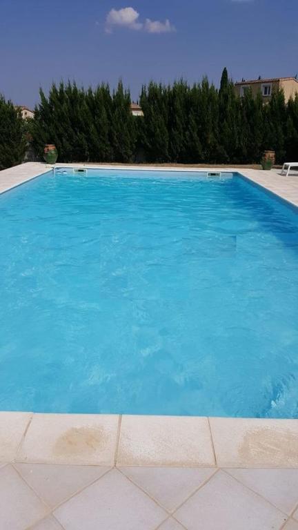 una gran piscina azul con árboles al fondo en Nina, en Carcassonne