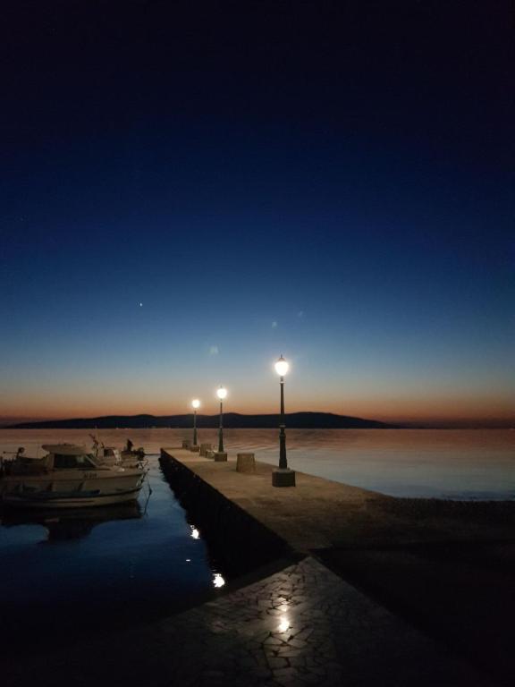 a dock with a boat in the water at night at Porto Romantico 2 in Sveti Juraj