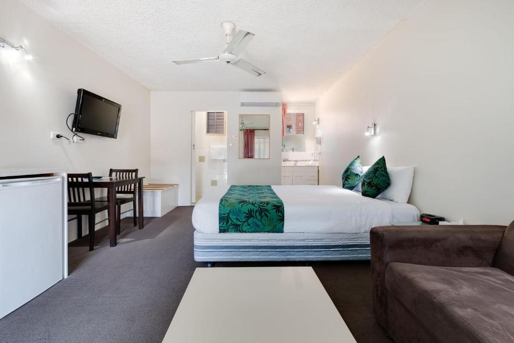 a hotel room with a bed and a couch at Coffs Harbour Pacific Palms Motel in Coffs Harbour