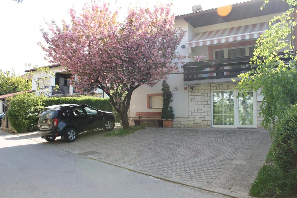 mały samochód zaparkowany przed domem w obiekcie Rooms Jurca w mieście Postojna