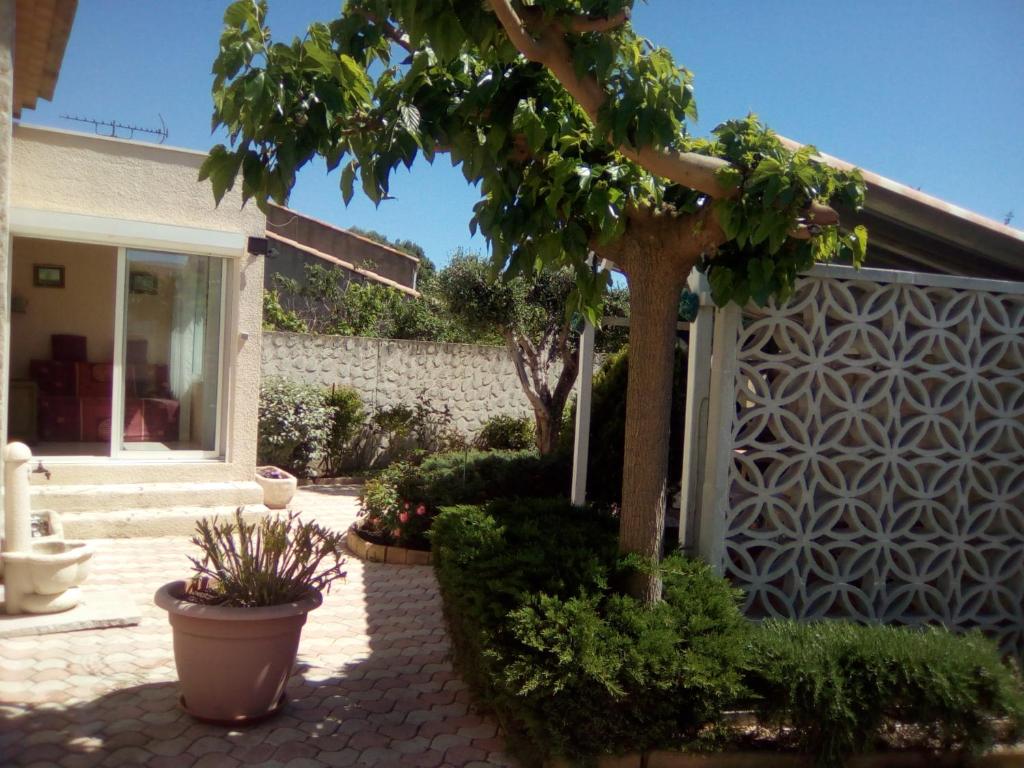 セリニャンにあるLa belle étapeの植物と柵のある中庭のある家