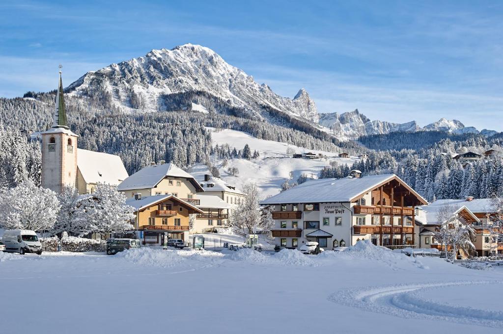 a town with snow covered buildings and a mountain at Apartments Neue Post in Filzmoos