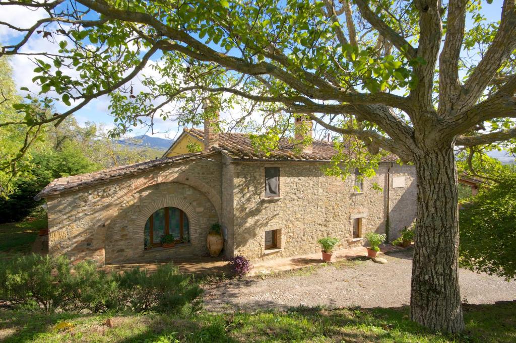 a stone house with a tree in front of it at Agriturismo Corvaia in Radicofani