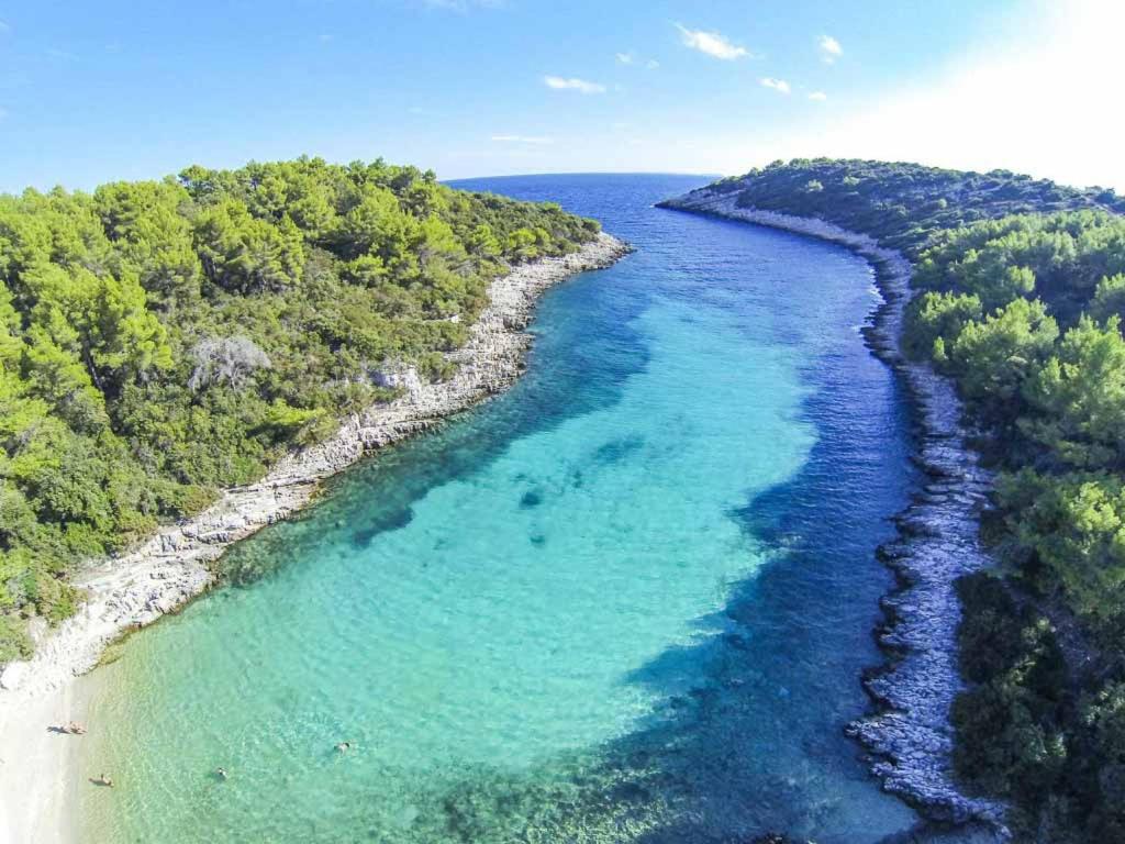 una vista aerea di un fiume con acqua blu di Frane Apartment a Zavalatica