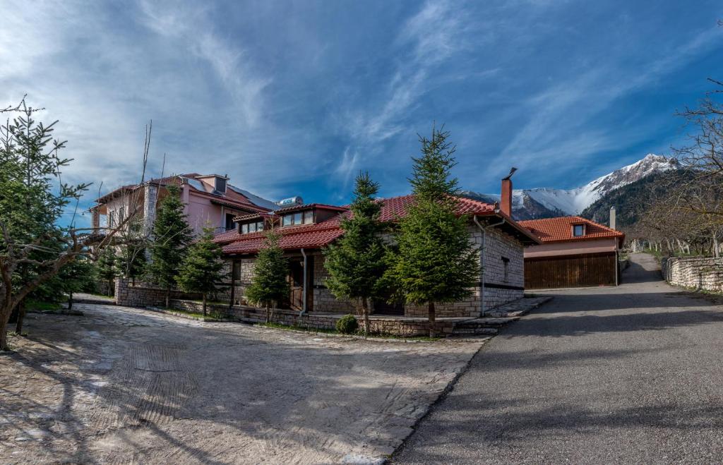 a house on a street with trees and a mountain at Mountain House in Karpenisi