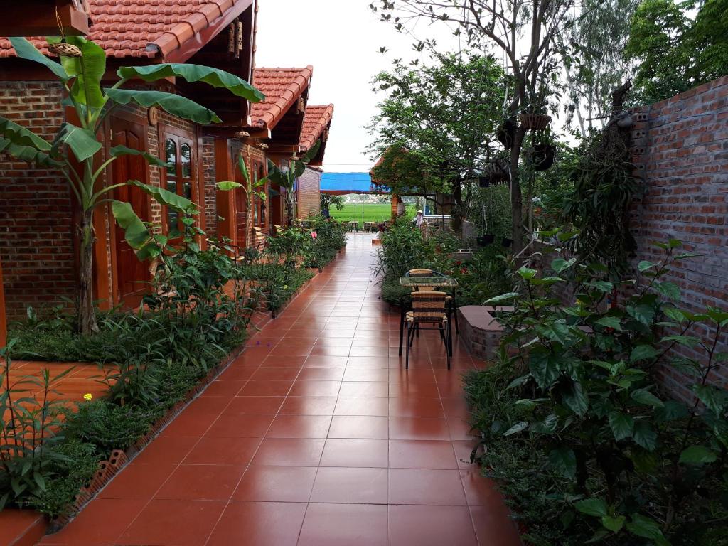 an empty courtyard with a patio with tables and plants at Tam Coc Rice Fields Homestay in Ninh Binh