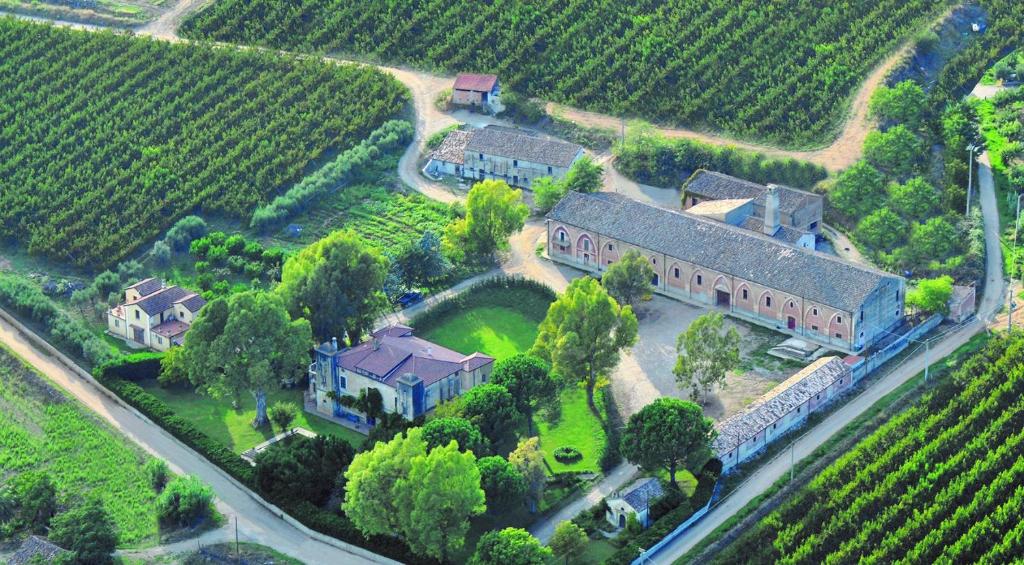 una vista aérea de una gran casa en un viñedo en La Peschiera B&B en San Lorenzo del Vallo