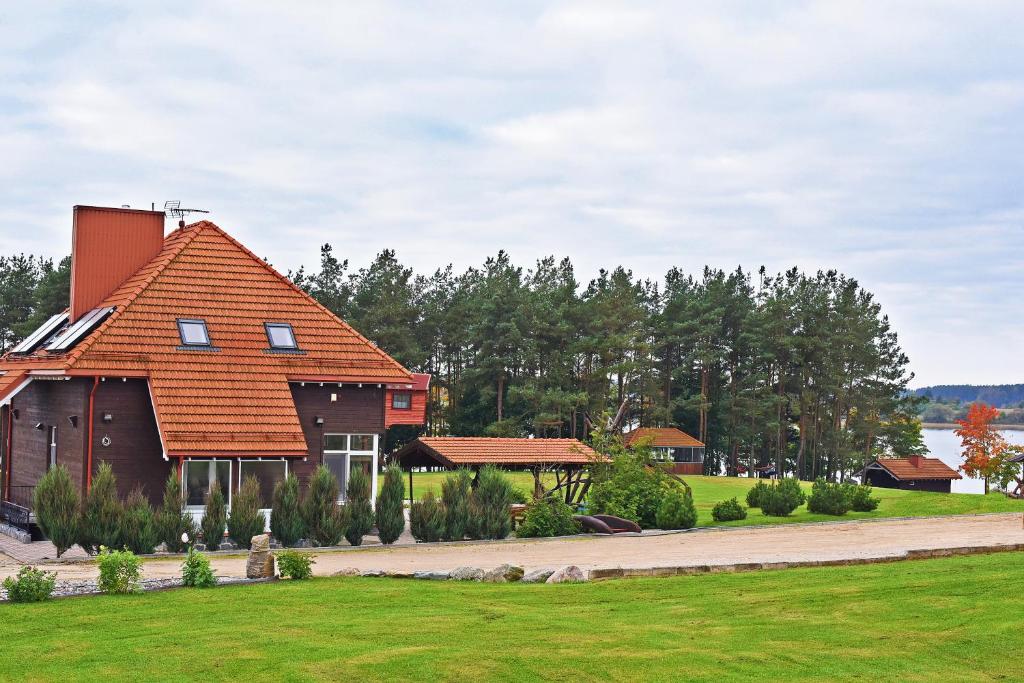 a house with a red roof on a green field at Sodyba Pas Drambliuka in Svėdasai