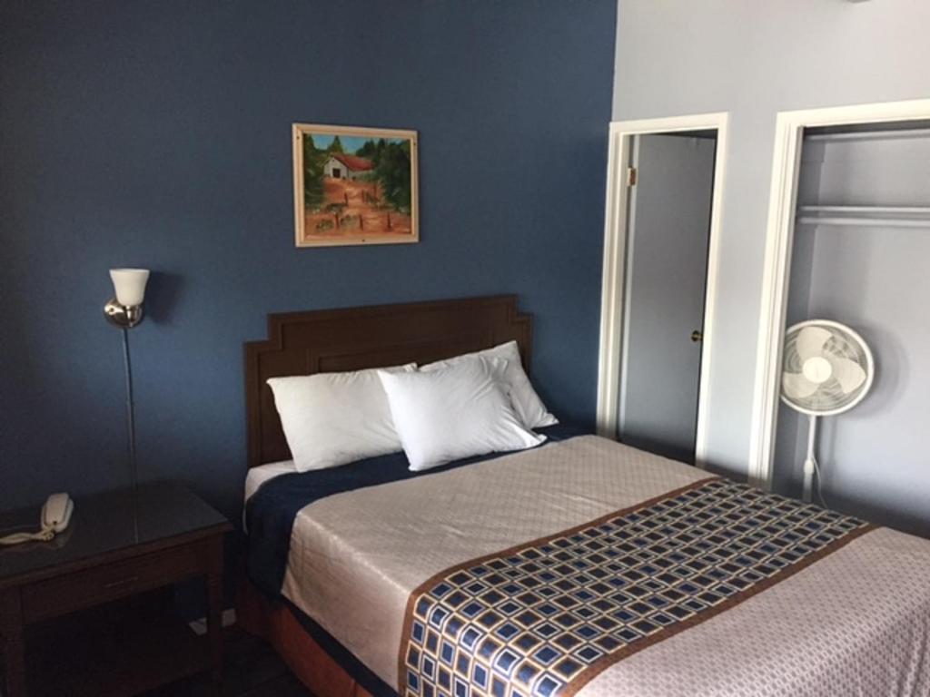 皮斯莫比奇的住宿－海濱花園汽車旅館，一间卧室设有一张床和蓝色的墙壁