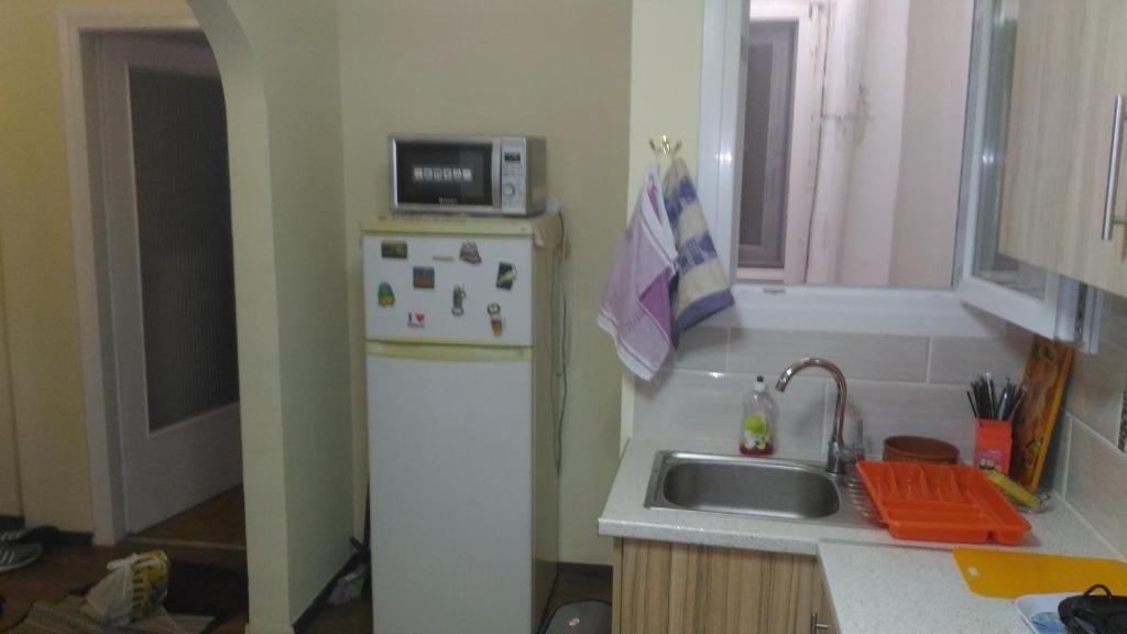 a kitchen with a white refrigerator and a sink at Apartment on Dimitrakopoulou in Athens
