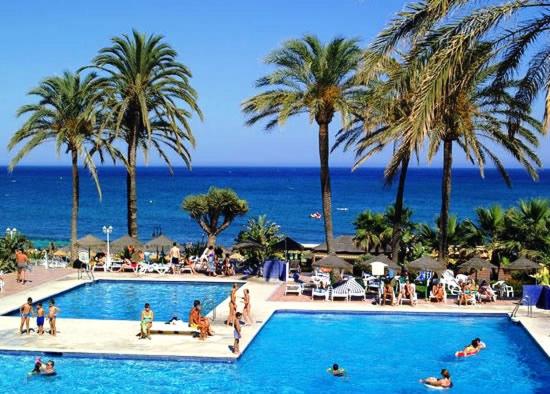 a resort swimming pool with palm trees and the ocean at Apto a pie de playa con vistas increíbles! in Torremolinos