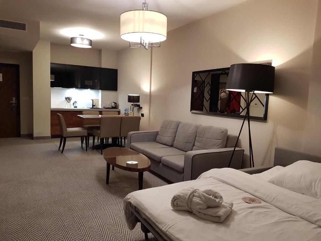 コウォブジェクにあるApartament prywatny 327 w Diune Resortのソファとリビングルームが備わるホテルルームです。