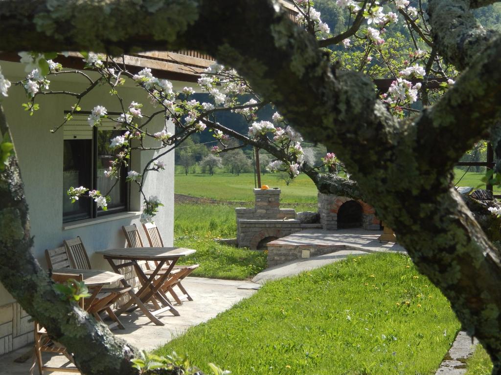 a patio with a table and chairs and a table and a tree at Apartments Bobi in Tolmin