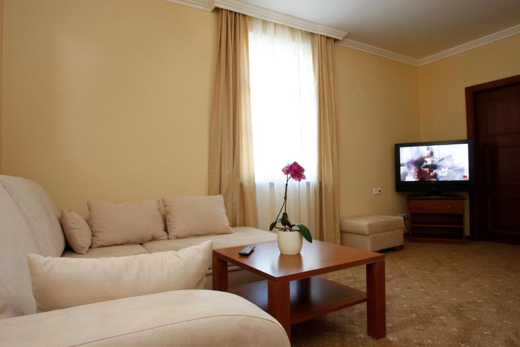 Televízia a/alebo spoločenská miestnosť v ubytovaní Hotel Majolika