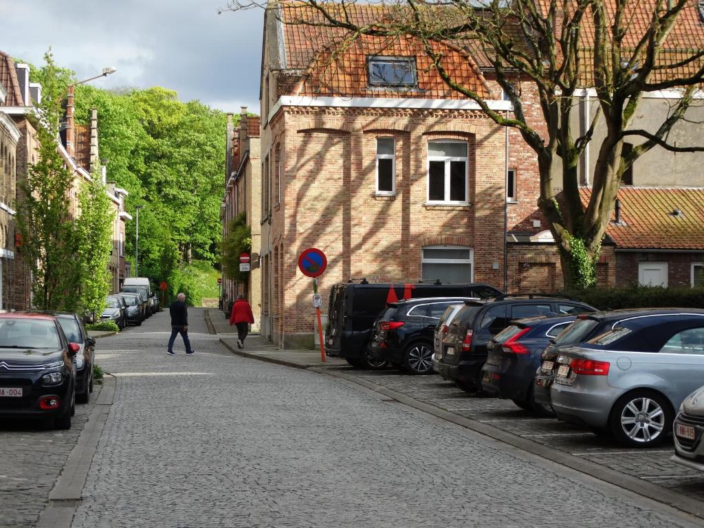 een straat met auto's aan de kant van de weg bij Aan de vestingrand in Ieper