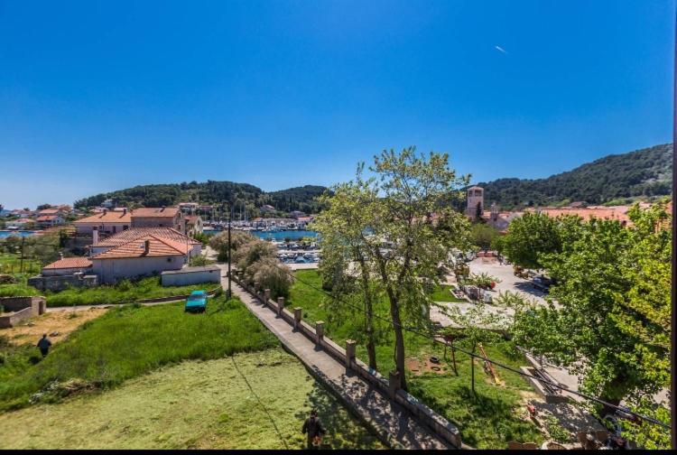 an aerial view of a town with a river and trees at Slanac in Veli Iž