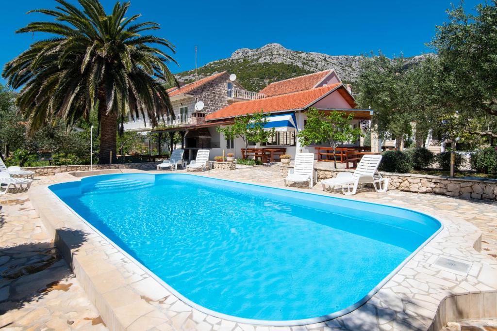 a swimming pool with a palm tree and a house at Holiday Resort Balota in Kučište