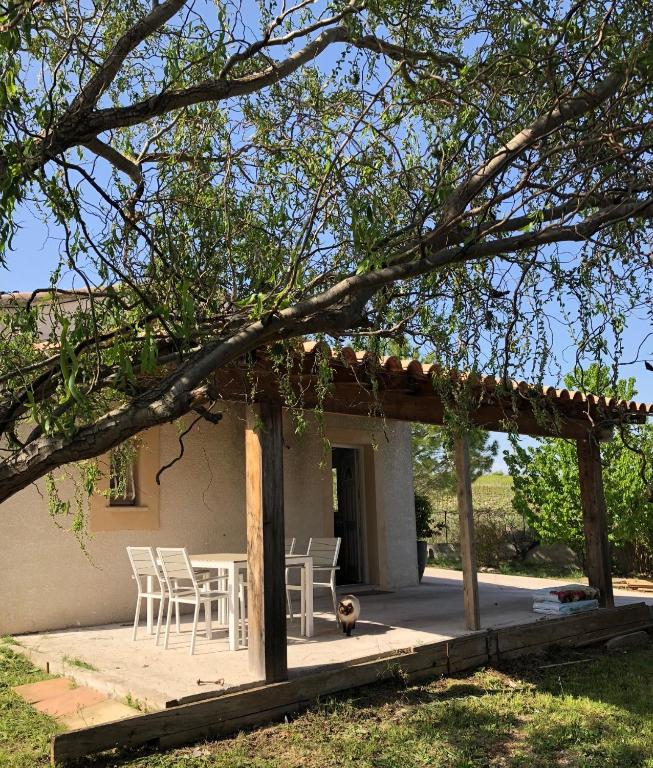 un patio avec une table et des chaises sous un arbre dans l'établissement La Devoisiere, à Saint-Drézéry