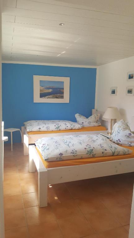 twee bedden in een kamer met een blauwe muur bij live in the mkk in Hasselroth