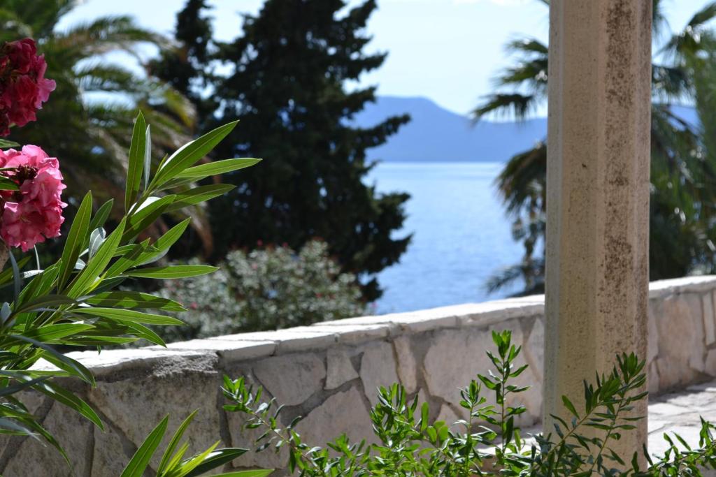 a view of the ocean from a wall with flowers at Villa Adria in Brist