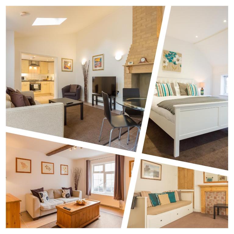 a collage of four pictures of a living room and a kitchen at Cambridge Water House Apartments in Cambridge